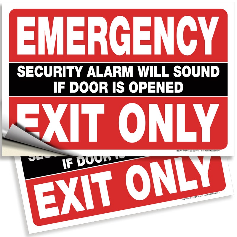 iSYFIX Emergency Exit Only Stickers â€“ 2 Pack 10x7 Inch â€“ Premium Self-Adhesive Vinyl, Laminated UV, Weather, Scratch, Water & Fade Resistance, Security Alarm Will Sound if Door is Opened Sign - Image 1